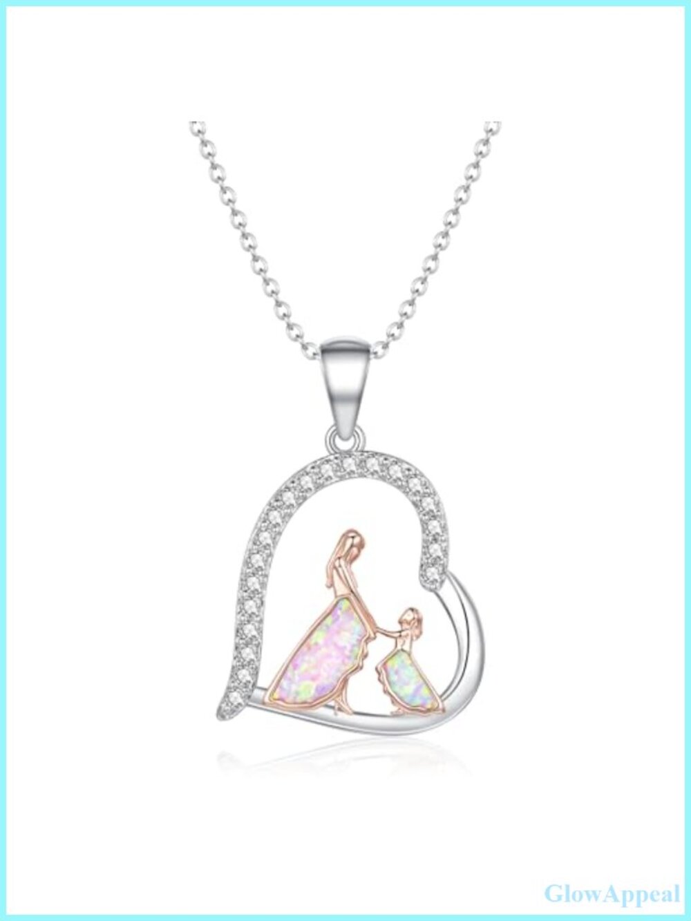14K White Gold Plated Opal Heart Pendant Necklace, Mother Daughter Gift for Mom